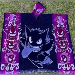 Anime Handcrafted Hooded Poncho with wooden buttons and colorful designs